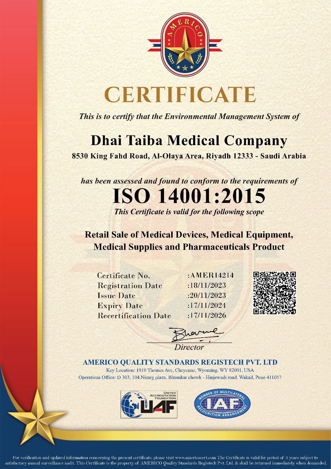 UAF Americo-ISO 14001-Dhai Taiba Medical Establishment